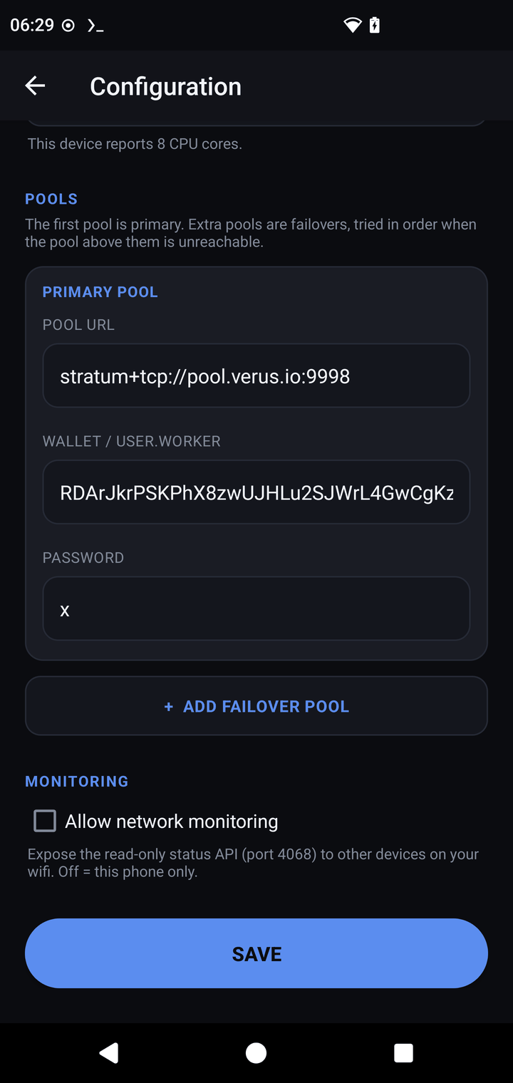 App configuration: pool list with failover explainer, network monitoring toggle and save button