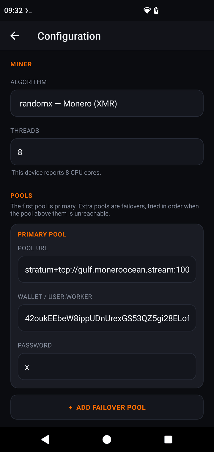 APK configuration with randomx algorithm and an XMR pool