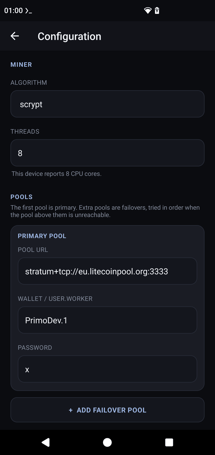 APK configuration with scrypt algorithm and litecoinpool
