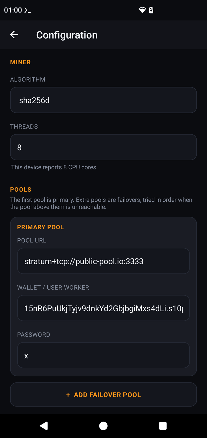 APK configuration with sha256d algorithm and public-pool.io