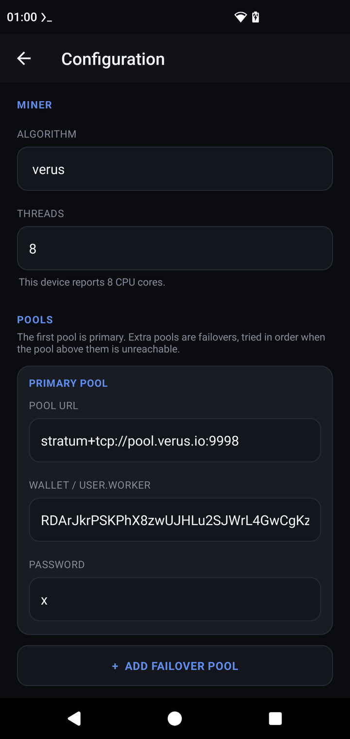 App configuration: algorithm dropdown set to verus, thread count, primary pool URL and wallet fields