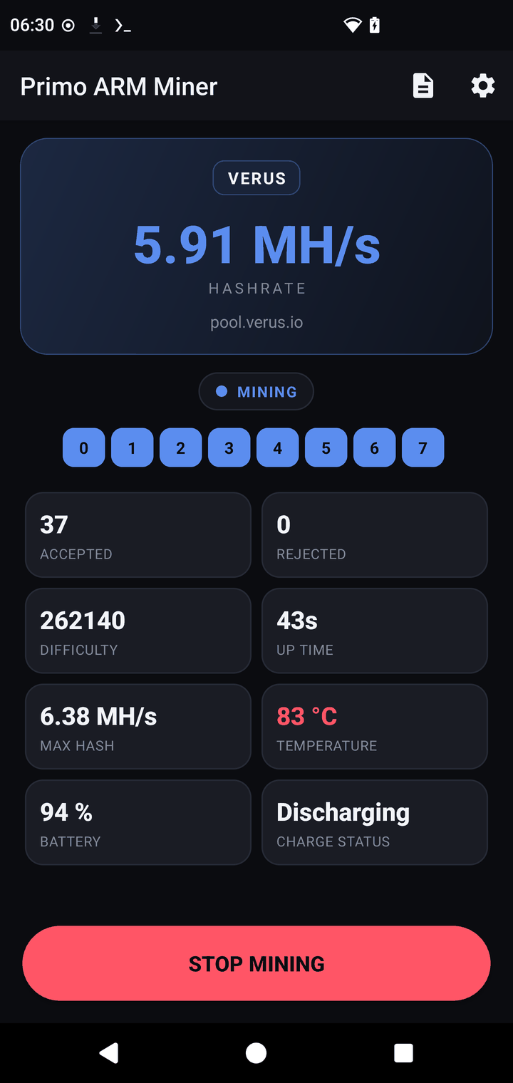 Primo ARM Miner Android app dashboard mining Verus at 5.91 MH/s with 8 thread chips, 37 accepted shares