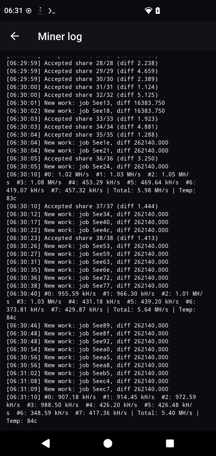 In-app log viewer showing accepted shares and per-thread hashrate lines