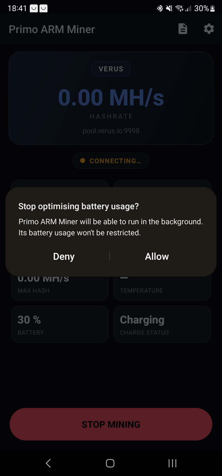 Stop optimising battery usage prompt so the miner can run without being restricted