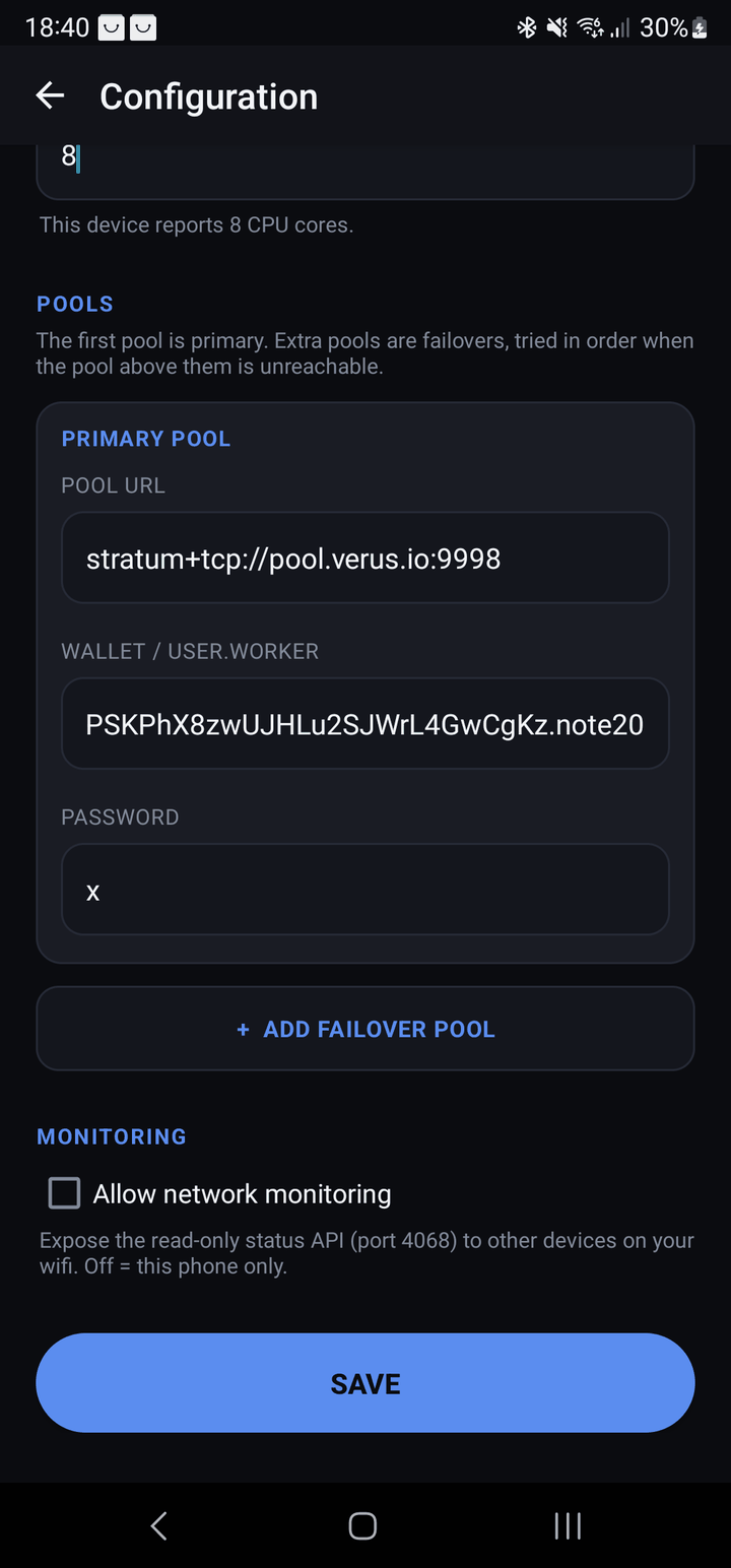 Configuration screen filled in: Verus algorithm, 8 threads, pool.verus.io:9998, wallet address, Save button