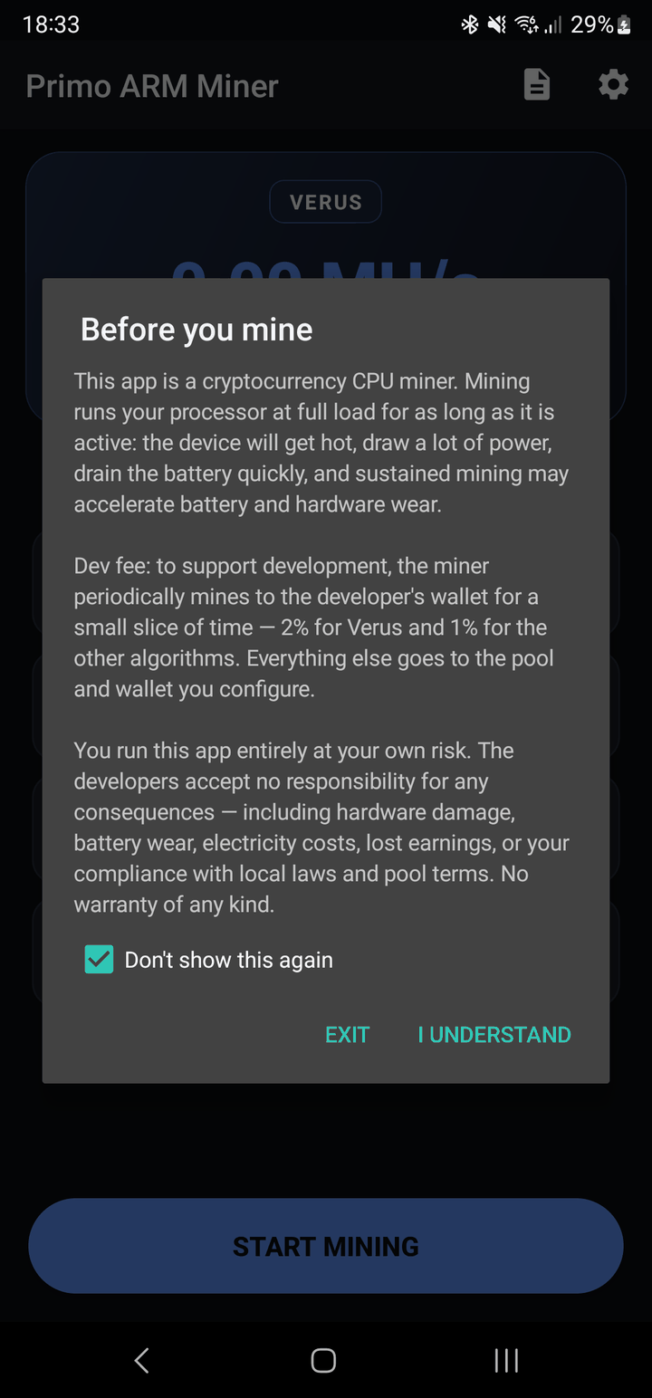Before you mine disclaimer dialog listing heat, battery wear and the dev fee, with Exit and I Understand buttons