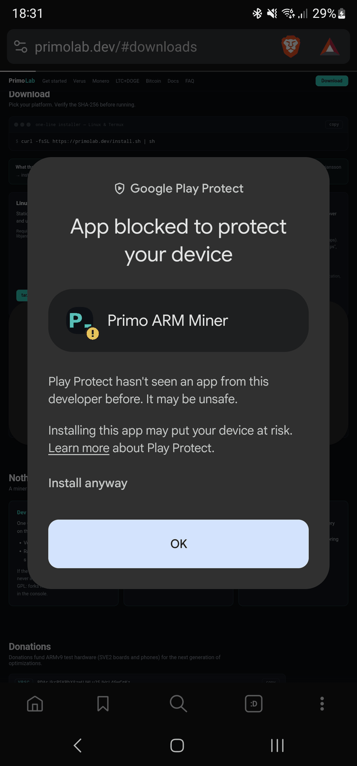 Play Protect expanded with the Install anyway option after tapping More details