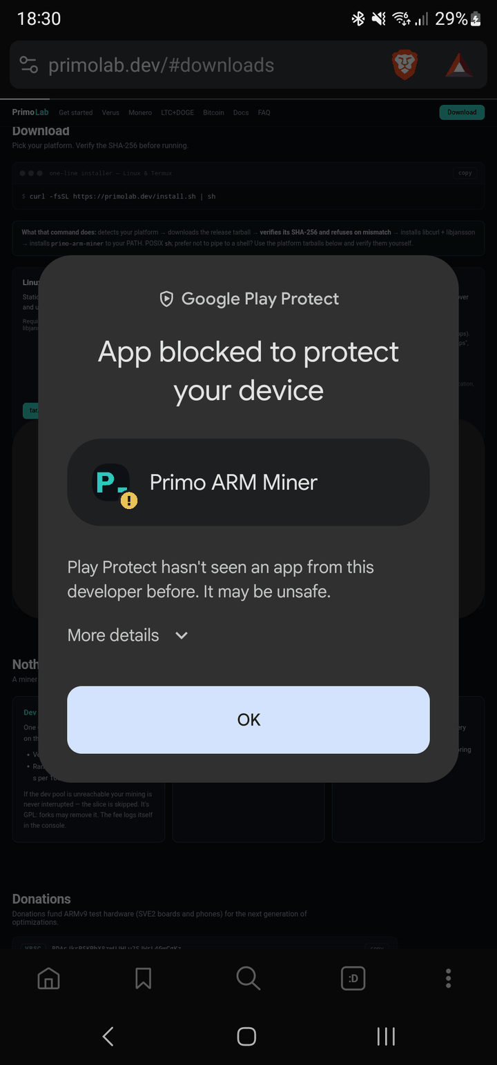 Google Play Protect dialog: App blocked to protect your device, Play Protect hasn't seen an app from this developer before